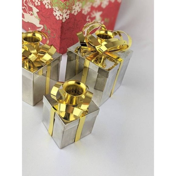 Set of 3 Vtg Silver Gold Taper Candle Holders Gift Boxes Christmas Holiday Decor - Picture 9 of 9